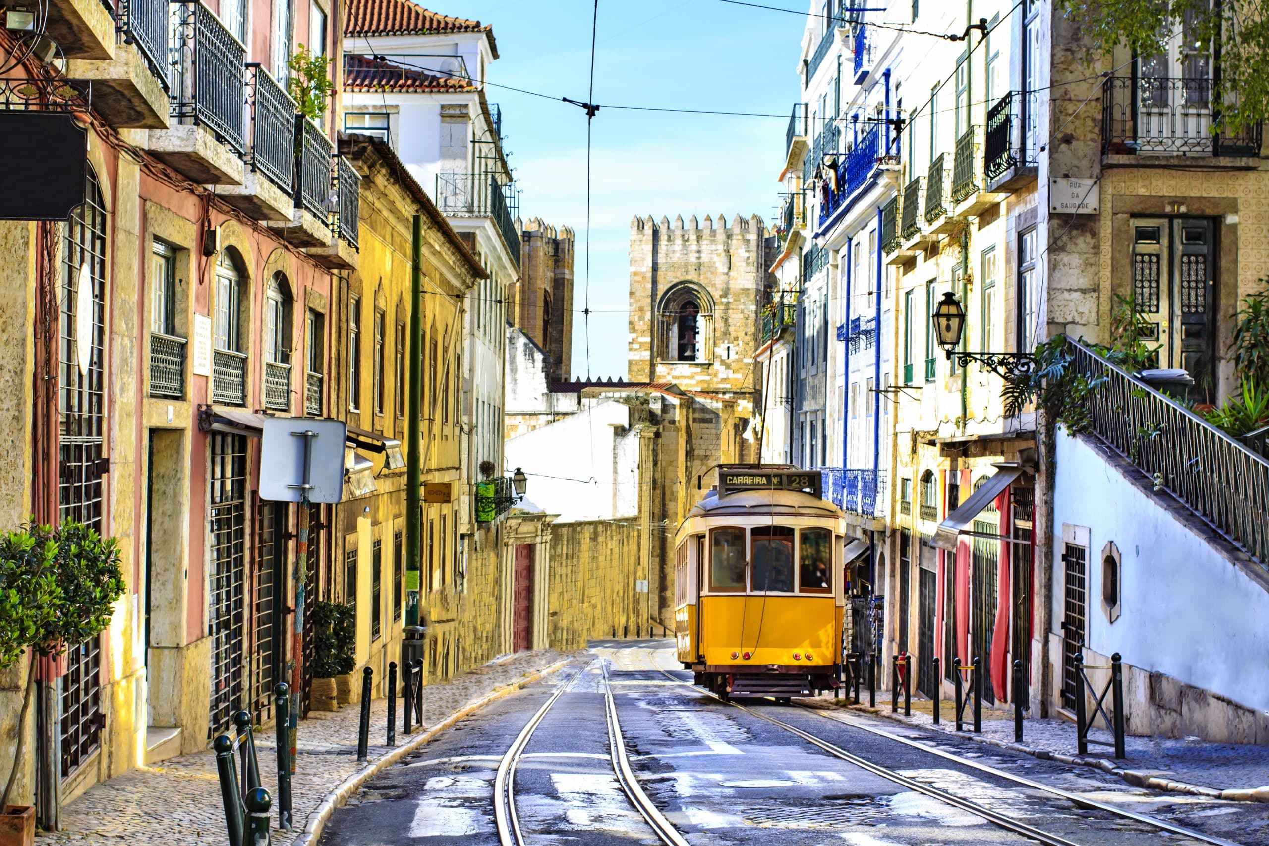 Romantic,Lisbon,Street,With,The,Typical,Yellow,Tram,And,Lisbon