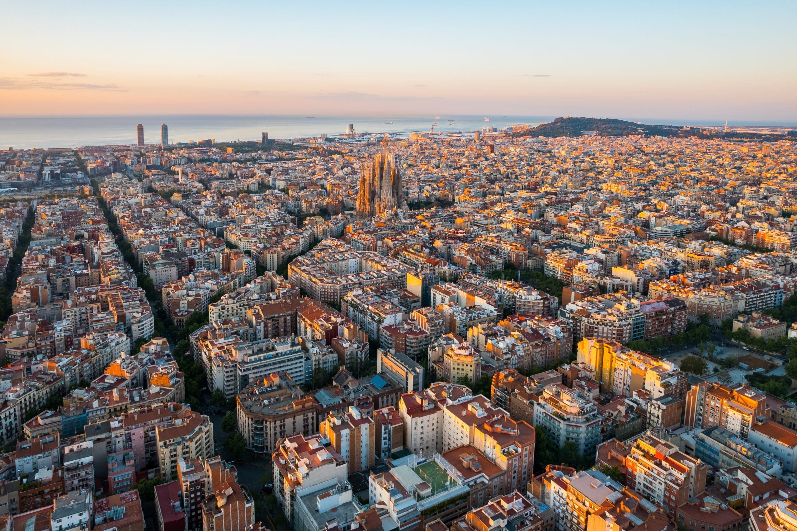 Aerial,View,Of,Barcelona,Eixample,Residential,District,And,Sagrada,Familia