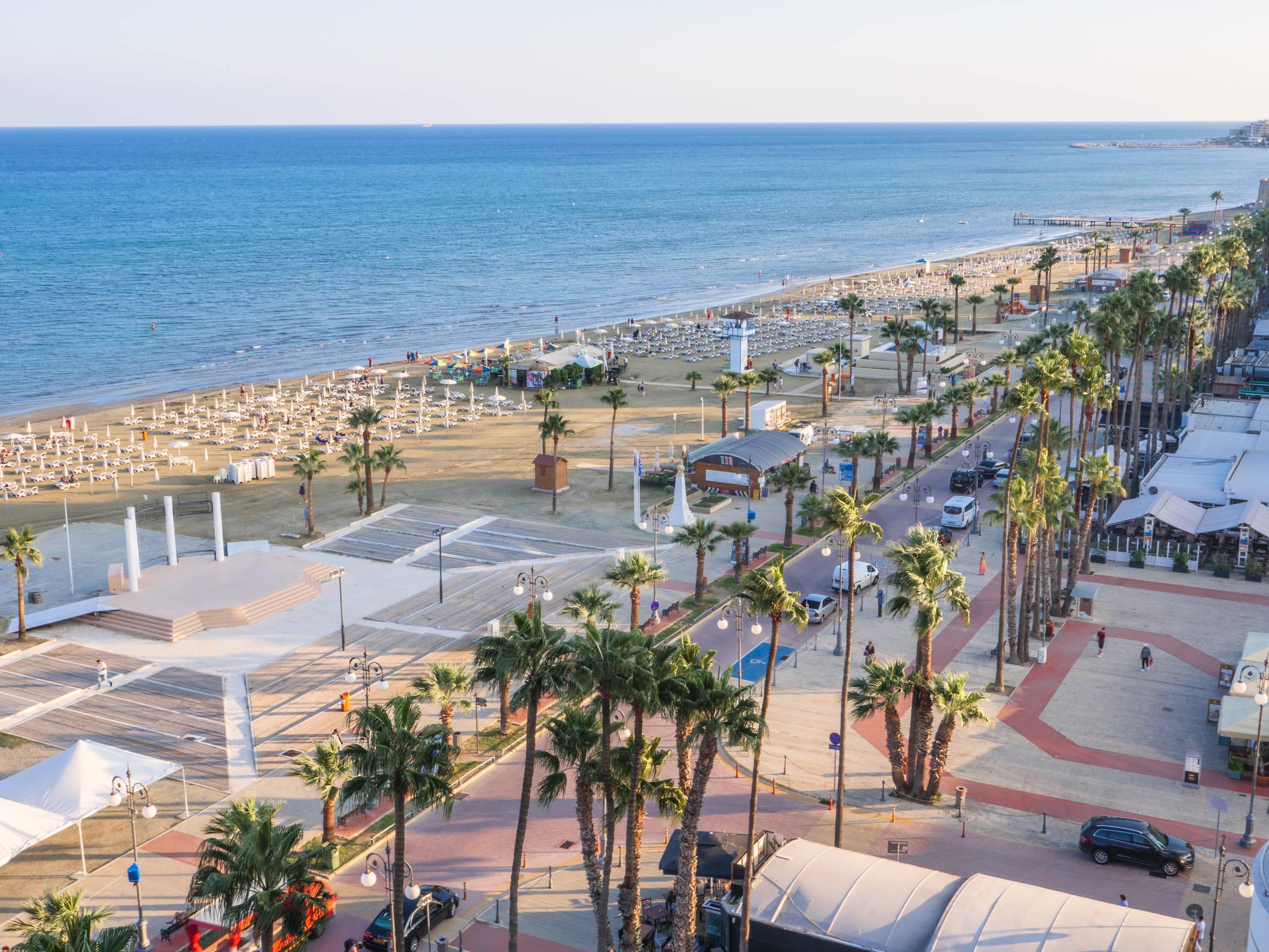 Top,Aerial,View,Overlooking,Finikoudes,Palm,Tree,Promenade,,Road,With