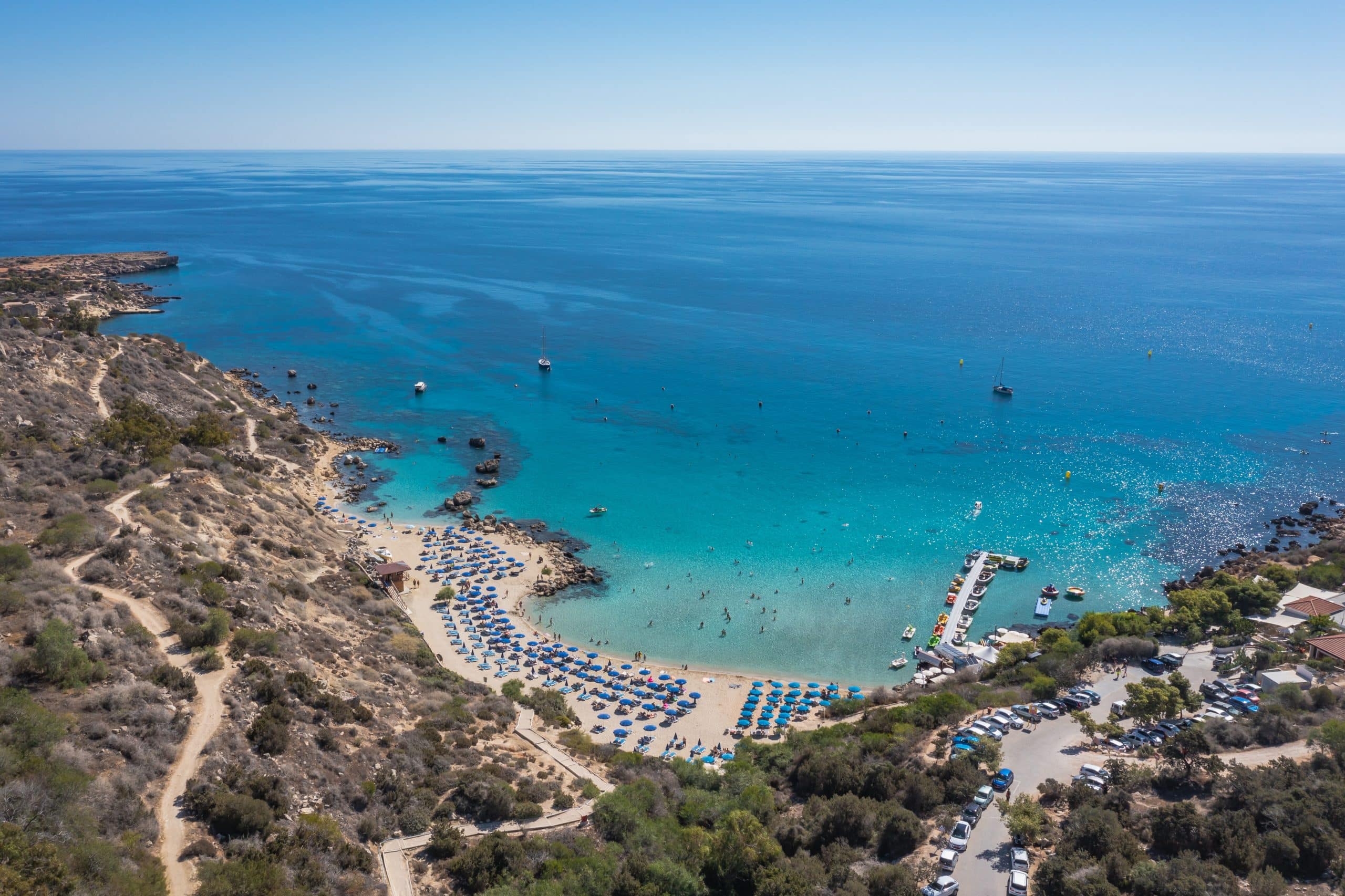 Aerial,View,With,Konnos,Beach,In,Konnos,Bay,In,Area